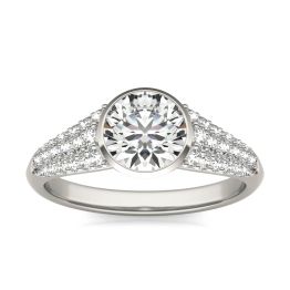 1 3/4 CTW Round Caydia Lab Grown Diamond Signature Bezel Pave Engagement Ring 18K White Gold, SIZE 7.0 Stone Color E