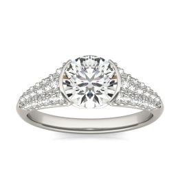 1 3/4 CTW Round Caydia Lab Grown Diamond Signature Half Bezel Pave Engagement Ring Platinum, SIZE 7.0 Stone Color E