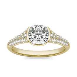 1 3/8 CTW Cushion Caydia Lab Grown Diamond Signature Half Bezel Pave Engagement Ring 18K Yellow Gold, SIZE 7.0 Stone Color E