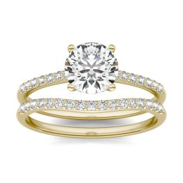 1 1/3 CTW Round Caydia Lab Grown Diamond Signature Bridal Set with Side-Stones Ring 18K Yellow Gold, SIZE 7.0 Stone Color E