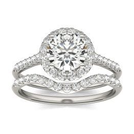 1 1/2 CTW Round Caydia Lab Grown Diamond Signature Halo Bridal Set with Side Accents Ring 18K White Gold, SIZE 7.0 Stone Color E