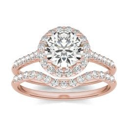 1 1/2 CTW Round Caydia Lab Grown Diamond Signature Halo Bridal Set with Side Accents Ring 18K Rose Gold, SIZE 7.0 Stone Color E