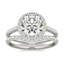 2 1/2 CTW Round Caydia Lab Grown Diamond Signature Halo Bridal Set with Side Accents Ring Platinum, SIZE 7.0 Stone Color E