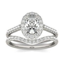 1 1/2 CTW Oval Caydia Lab Grown Diamond Signature Bridal Set with Side-Stones Ring 18K White Gold, SIZE 7.0 Stone Color E