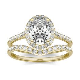 2 CTW Oval Caydia Lab Grown Diamond Signature Bridal Set with Side-Stones Ring 18K Yellow Gold, SIZE 7.0 Stone Color E