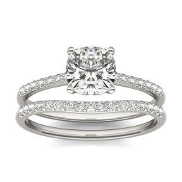 1 1/3 CTW Cushion Caydia Lab Grown Diamond Signature Bridal Set with Side-Stones Ring Platinum, SIZE 7.0 Stone Color E