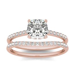 1 1/3 CTW Cushion Caydia Lab Grown Diamond Signature Bridal Set with Side-Stones Ring 18K Rose Gold, SIZE 7.0 Stone Color E