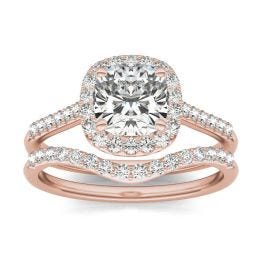 2 CTW Cushion Caydia Lab Grown Diamond Signature Halo with Side-Stones Bridal Set Ring 18K Rose Gold, SIZE 7.0 Stone Color E