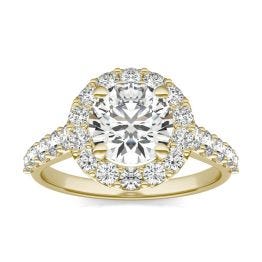 2 1/2 CTW Round Caydia Lab Grown Diamond Shared Prong Halo Engagement Ring 18K Yellow Gold, SIZE 7.0 Stone Color E