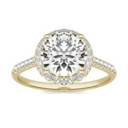2 1/3 CTW Round Caydia Lab Grown Diamond Signature Halo with Side Accents Engagement Ring 18K Yellow Gold, SIZE 7.0 Stone Color E