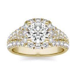 2 1/2 CTW Round Caydia Lab Grown Diamond Signature Halo Pave Engagement Ring 18K Yellow Gold, SIZE 7.0 Stone Color E