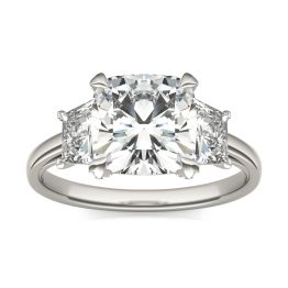 4.33 CTW DEW Cushion Forever One Moissanite Trapezoid Accent Three Stone Ring 14K White Gold