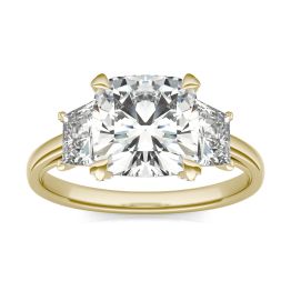 4.33 CTW DEW Cushion Forever One Moissanite Trapezoid Accent Three Stone Ring 14K Yellow Gold