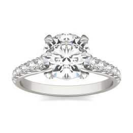 2.42 CTW DEW Round Forever One Moissanite Side-Stone Solitaire with Gallery Accents Engagement Ring 14K White Gold