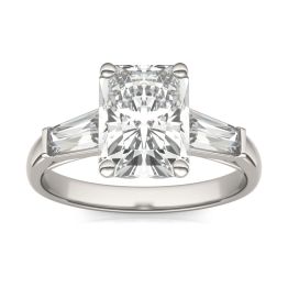 3.30 CTW DEW Radiant Forever One Moissanite Signature Three Stone Engagement Ring 14K White Gold