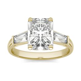 3.30 CTW DEW Radiant Forever One Moissanite Signature Three Stone Engagement Ring 14K Yellow Gold