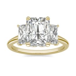 3.56 CTW DEW Radiant Forever One Moissanite Signature Three Stone Engagement Ring 14K Yellow Gold