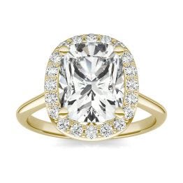 3.71 CTW DEW Elongated Cushion Forever One Moissanite Signature Halo Engagement Ring 14K Yellow Gold