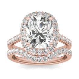 4.22 CTW DEW Elongated Cushion Forever One Moissanite Signature Halo with Side Accents Wedding Set Ring 14K Rose Gold