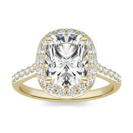 2.77 CTW DEW Elongated Cushion Forever One Moissanite Signature Halo with Side Accents Engagement Ring 14K Yellow Gold
