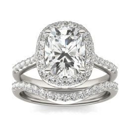 3.03 CTW DEW Elongated Cushion Forever One Moissanite Signature Halo with Side Accents Wedding Set Ring 14K White Gold