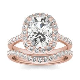 3.03 CTW DEW Elongated Cushion Forever One Moissanite Signature Halo with Side Accents Wedding Set Ring 14K Rose Gold