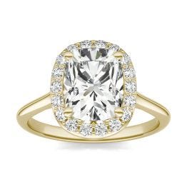 2.59 CTW DEW Elongated Cushion Forever One Moissanite Signature Halo Engagement Ring 14K Yellow Gold