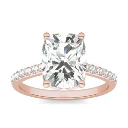 3.60 CTW DEW Elongated Cushion Forever One Moissanite Signature Side Stone Engagement Ring 14K Rose Gold