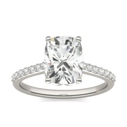 2.52 CTW DEW Elongated Cushion Forever One Moissanite Signature Side Stone Engagement Ring 14K White Gold