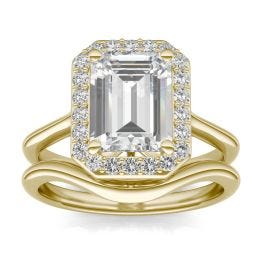 2.87 CTW DEW Emerald Forever One Moissanite Signature Halo Wedding Set Ring 14K Yellow Gold