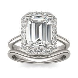 3.96 CTW DEW Emerald Forever One Moissanite Signature Halo Wedding Set Ring 14K White Gold
