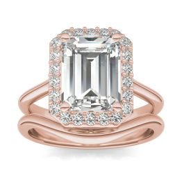 3.96 CTW DEW Emerald Forever One Moissanite Signature Halo Wedding Set Ring 14K Rose Gold