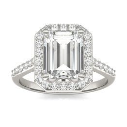 3.05 CTW DEW Emerald Forever One Moissanite Signature Halo with Side Accents Engagement Ring 14K White Gold
