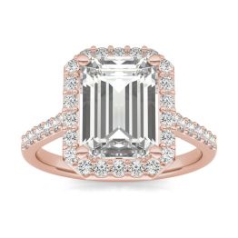4.17 CTW DEW Emerald Forever One Moissanite Signature Halo with Side Accents Engagement Ring 14K Rose Gold
