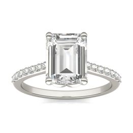 2.75 CTW DEW Emerald Forever One Moissanite Signature Solitaire with Side Accents Engagement Ring 14K White Gold