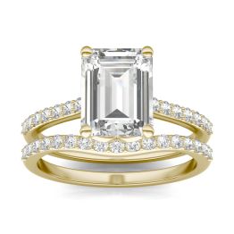 3.00 CTW DEW Emerald Forever One Moissanite Signature Solitaire with Side Accents Wedding Set Ring 14K Yellow Gold