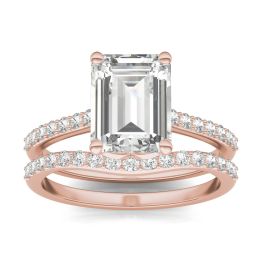 3.00 CTW DEW Emerald Forever One Moissanite Signature Solitaire with Side Accents Wedding Set Ring 14K Rose Gold