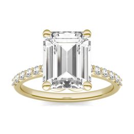 3.81 CTW DEW Emerald Forever One Moissanite Signature Solitaire with Side Accents Engagement Ring 14K Yellow Gold