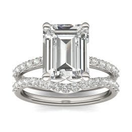 4.15 CTW DEW Emerald Forever One Moissanite Signature Solitaire with Side Accents Wedding Set Ring 14K White Gold