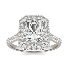 3.23 CTW DEW Radiant Forever One Moissanite Signature Halo with Side Accents Engagement Ring 14K White Gold