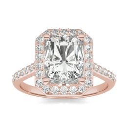 3.23 CTW DEW Radiant Forever One Moissanite Signature Halo with Side Accents Engagement Ring 14K Rose Gold
