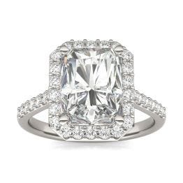 4.52 CTW DEW Radiant Forever One Moissanite Signature Halo with Side Accents Engagement Ring 14K White Gold