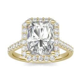 4.52 CTW DEW Radiant Forever One Moissanite Signature Halo with Side Accents Engagement Ring 14K Yellow Gold
