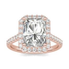 4.52 CTW DEW Radiant Forever One Moissanite Signature Halo with Side Accents Engagement Ring 14K Rose Gold