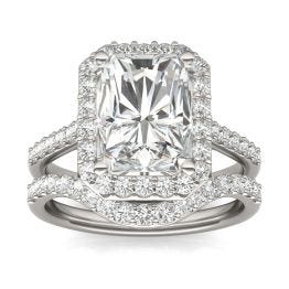 4.82 CTW DEW Radiant Forever One Moissanite Signature Halo with Side Accents Wedding Set Ring 14K White Gold