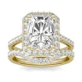 4.82 CTW DEW Radiant Forever One Moissanite Signature Halo with Side Accents Wedding Set Ring 14K Yellow Gold