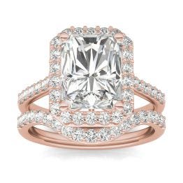 4.82 CTW DEW Radiant Forever One Moissanite Signature Halo with Side Accents Wedding Set Ring 14K Rose Gold