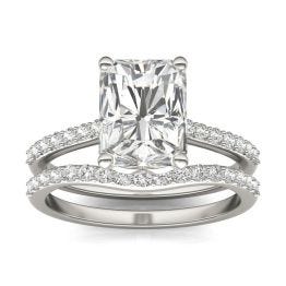 3.18 CTW DEW Radiant Forever One Moissanite Signature Solitaire with Side Accents Wedding Set Ring 14K White Gold