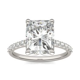 4.16 CTW DEW Radiant Forever One Moissanite Signature Solitaire with Side Accents Engagement Ring 14K White Gold