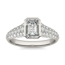 1 1/2 CTW Emerald Caydia Lab Grown Diamond Signature Bezel Pave Engagement Ring 18K White Gold, SIZE 7.0 Stone Color E